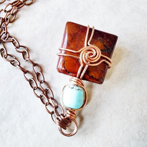 Gorgeous Color Combo! Unique Brown Jasper & Turquoise Howlite + Copper Necklace - Picture 2 of 6